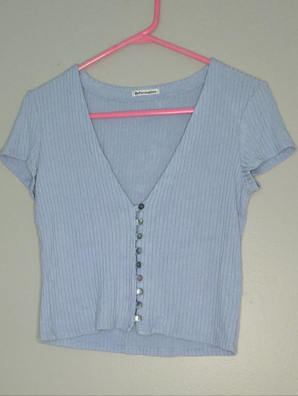 Reformation Powder Blue Ribbed Button-Front Crop Top